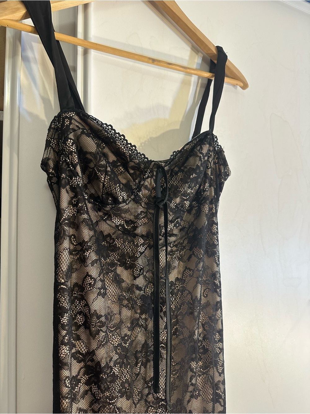 Black Lace Slip Dress with Sheer Floral Overlay